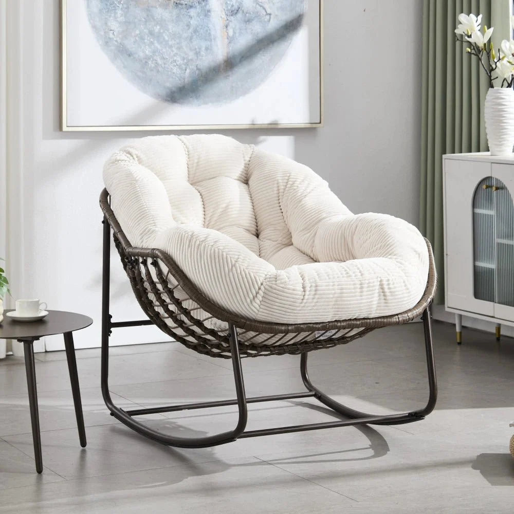 LUNARA – Papasan Rocking Chair Woven Rattan & Corduroy Velvet UV-Resistant