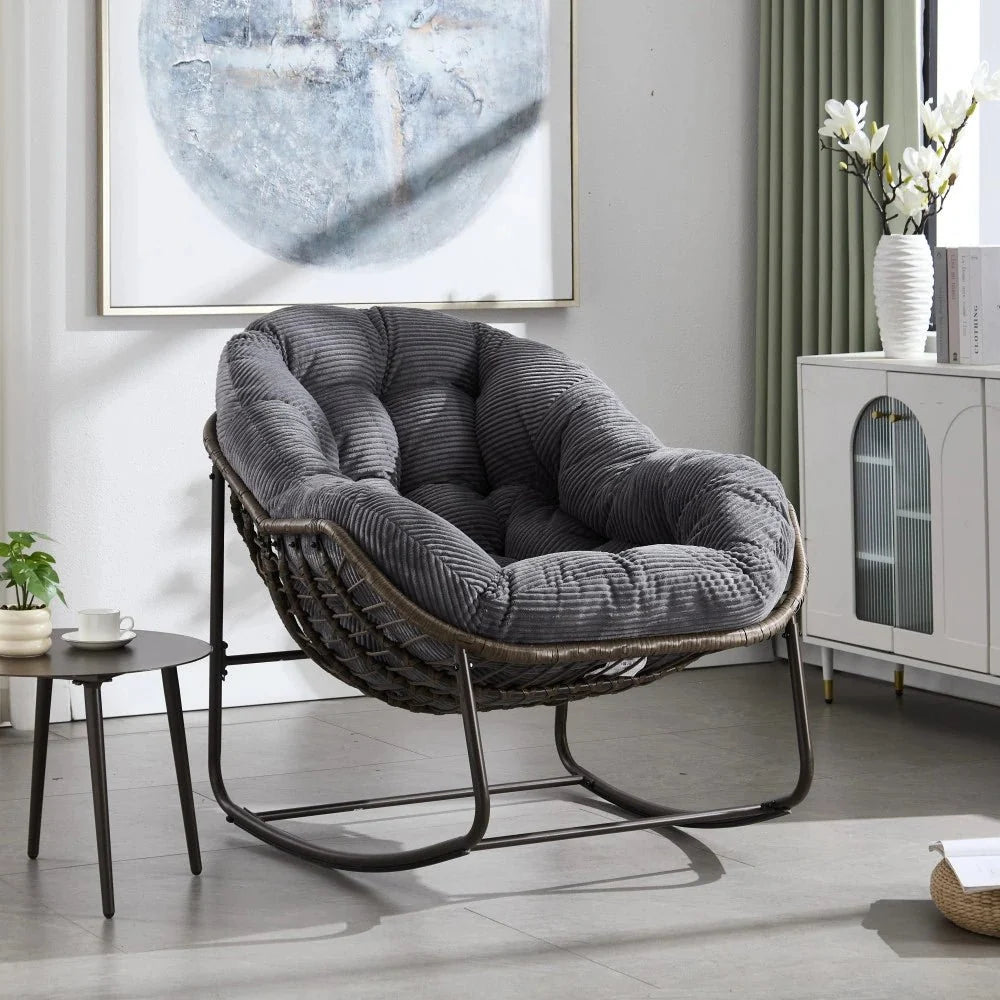 LUNARA – Papasan Rocking Chair Woven Rattan & Corduroy Velvet UV-Resistant