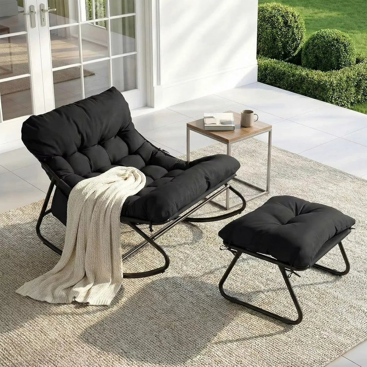 PLUVIA – Outdoor Rocking Chair Waterproof Cushion & Matching Footrest
