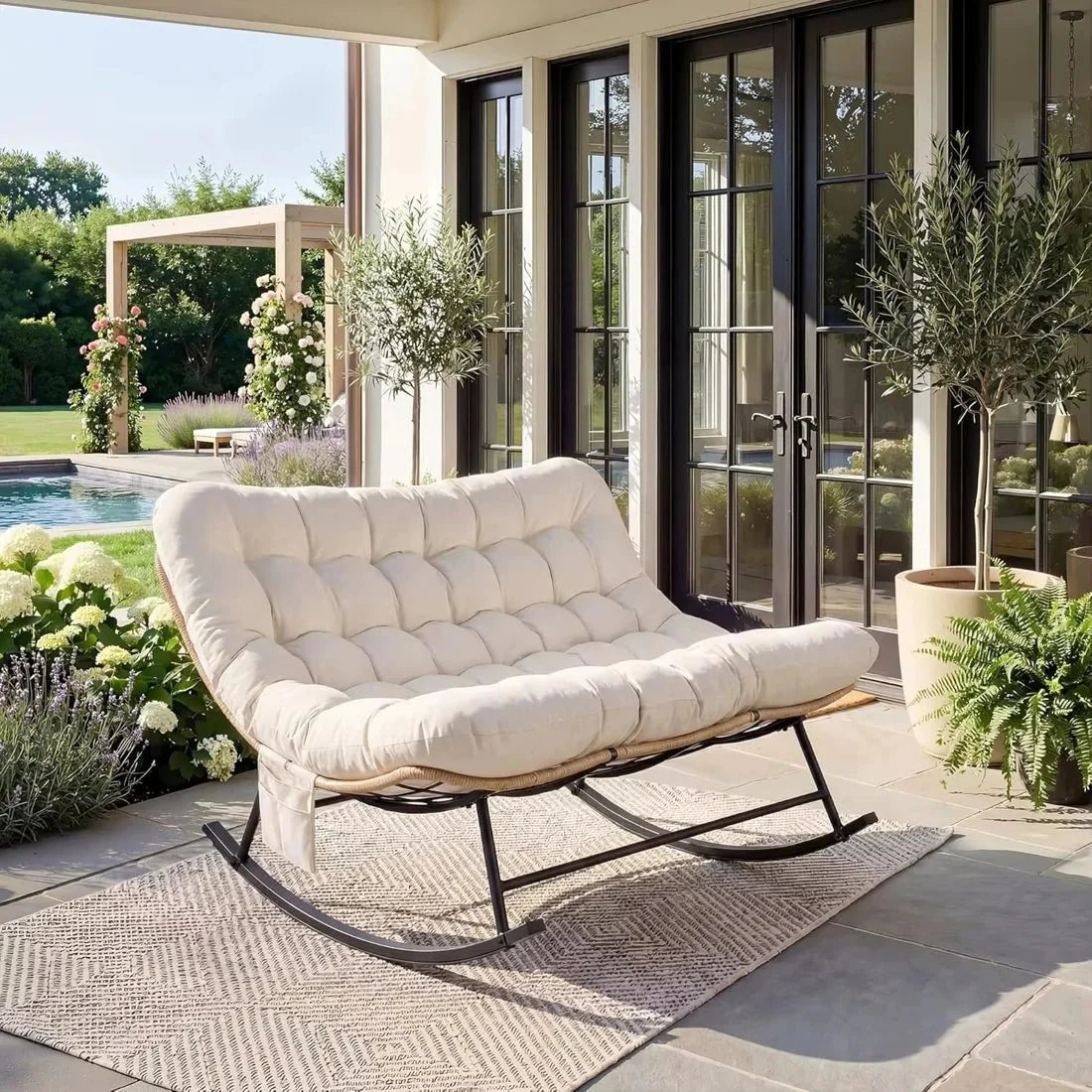 DUOVA – 2-Seater Rocking Chair PE Rattan Outdoor XXL Cushion 160 cm