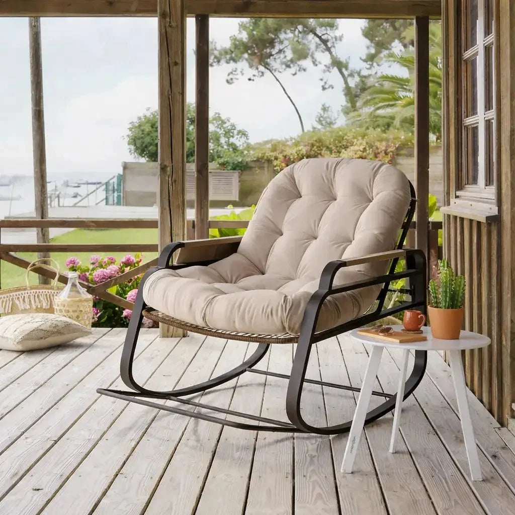 PATIA – Outdoor Rattan Rocking Chair Weatherproof 14 cm Thick Cushion