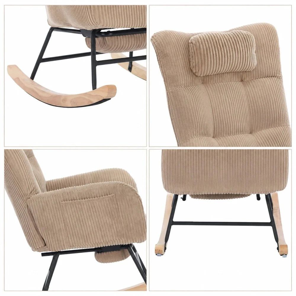 LUNVA – Corduroy Velvet Rocking Chair 57 cm High Back & Built-In Footrest
